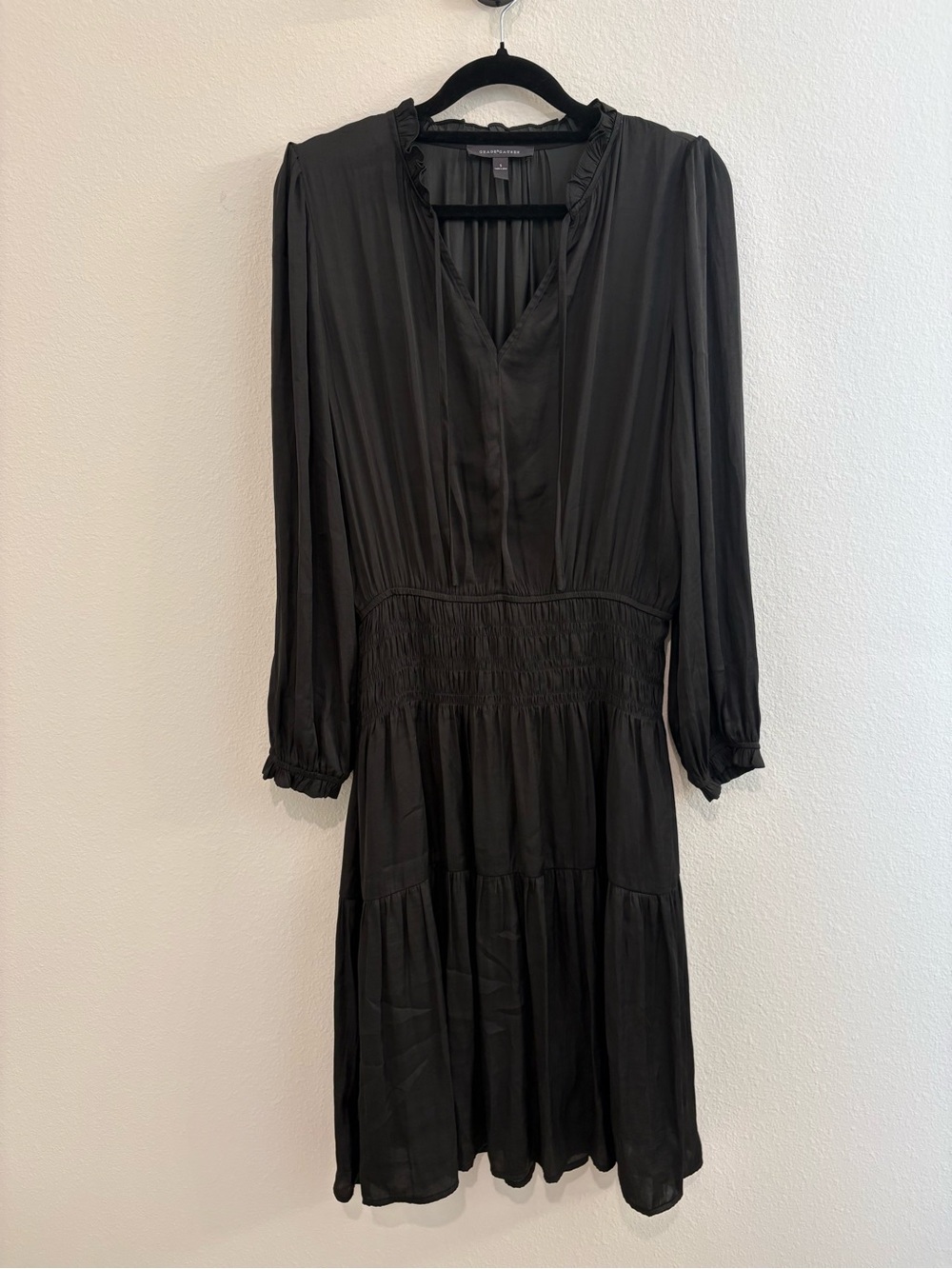 NWT Grade & Gather Satin Long Sleeve Black Smocked-Waist Midi Dress